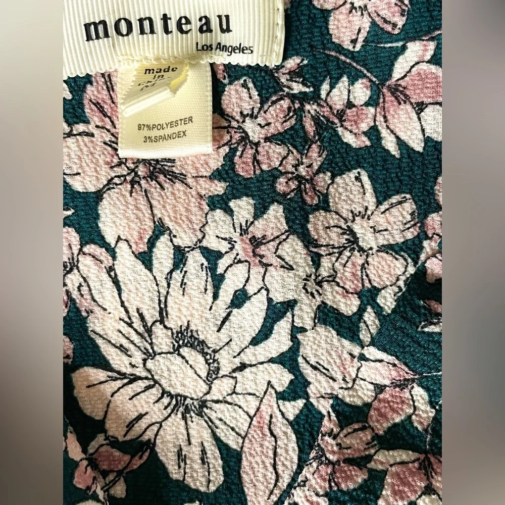 Monteau Floral V-Neck Faux Wrap Ties Peplum Blouse Flutter Sleeve in Pink Green - Picture 7 of 8